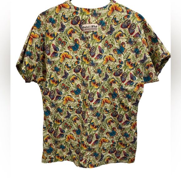 Cotton Club Retro Fun Multicolor Butterfly and Fern Short Sleeve Medical Scrubs - Picture 5 of 7